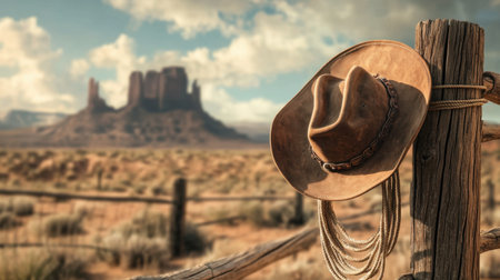 A rustic cowboy hat hangs on a weathered wooden post, set against the stunning backdrop of Monument Valley, highlighting the essence of the American West.の素材
