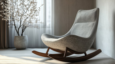 A beautifully designed rocking chair sits elegantly in a minimalist living room, embracing soft natural light and a decorative plant, creating a cozy and inviting atmosphere.の素材