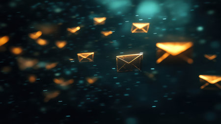 A captivating visual of glowing email icons in dark space signifies modern communication and technology, creating an engaging atmosphere of digital connectivity and interaction.の素材