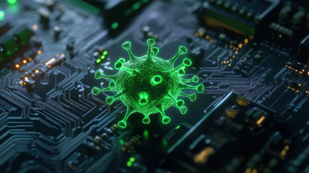 This image showcases a vibrant green virus model situated on a circuit board, symbolizing the merging of technology and health in combating modern threats.の素材