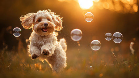 A joyful dog leaps through a sunlit field surrounded by floating bubbles, capturing a moment of pure happiness and playful energy during a beautiful golden hour.の素材
