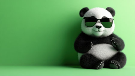 This adorable cartoon panda wearing sunglasses brings a playful spirit to any project. Its charming design against a vibrant green backdrop is perfect for summer themes.の素材