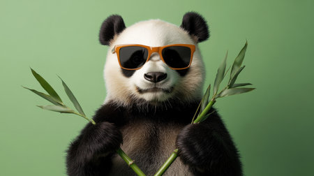 A charming panda wearing stylish sunglasses holds bamboo sticks, creating a playful and fun atmosphere against a vibrant green backdrop, ideal for nature-themed projects.の素材