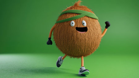 A fun and vibrant cartoon character with a green headband is running energetically, exuding joy and playfulness, ideal for health, fitness, and children's themes.の素材