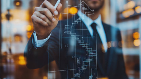 A business professional meticulously illustrates architectural plans on a glass panel, embodying creativity and strategic thinking in an innovative office space.の素材