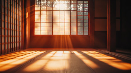 This image portrays a tranquil Japanese interior, where soft sunlight filters through shoji screens, casting intricate shadows and creating a serene atmosphere perfect for relaxation or meditation.の素材
