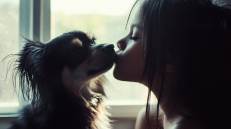 A touching scene showcasing a young girl kissing her dog, illustrating the beautiful bond between humans and pets, filled with love and affection in warm light.の素材
