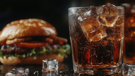 A mouthwatering gourmet burger paired with a refreshing glass of cola filled with ice cubes, perfect for a snack or meal in a cozy dining setting.の素材