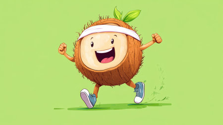 A lively cartoon coconut character joyfully runs with a bright smile, wearing a sporty headband and sneakers, perfect for playful designs and cheerful illustrations.の素材