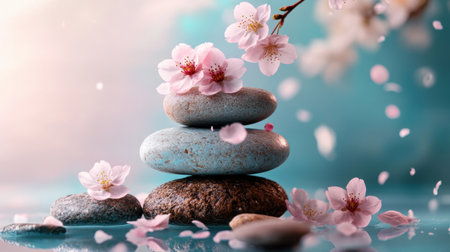 This artistic image showcases stacked smooth stones adorned with delicate cherry blossoms, embodying tranquility and wellness perfect for relaxation and serene environments.の素材