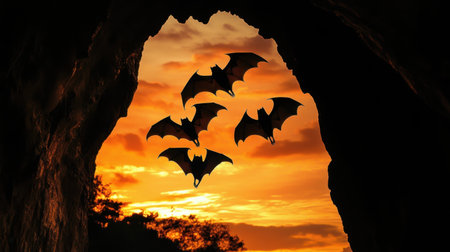 A captivating scene of bats flying against a stunning orange sunset, framed by the entrance of a cave, showcasing the beauty of wildlife in a serene natural setting.の素材