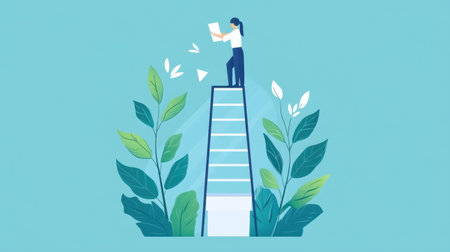 A vibrant illustration showing a woman atop a stack of books, representing knowledge and growth, surrounded by lush green leaves for a refreshing, modern aesthetic.の素材