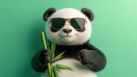 This charming illustration features a playful panda wearing sunglasses and holding bamboo, set against a vibrant green background, ideal for cheerful promotional materials.の素材
