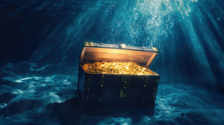 A captivating underwater scene featuring an ornate treasure chest filled with shining gold coins, surrounded by shimmering bubbles, creating an air of mystery and adventure.の素材
