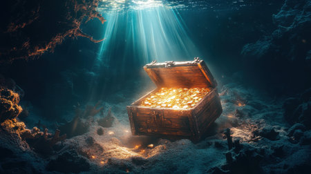 A captivating underwater scene featuring a treasure chest overflowing with gold coins, illuminated by beams of sunlight in a tranquil ocean setting.の素材