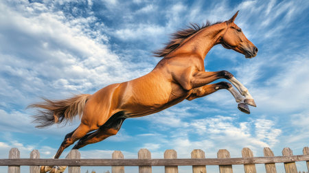 A stunning brown horse leaps gracefully over a wooden fence, showcasing its strength and beauty against a picturesque sky filled with clouds.の素材