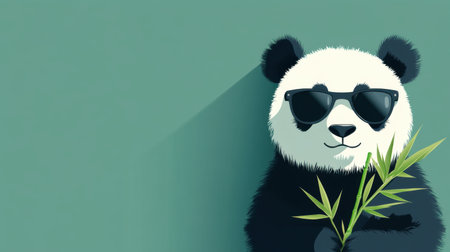 Cute panda wearing sunglasses holds bamboo in a minimalist style, ideal for products centered on nature, animals, or fun and relaxed themes in marketing or design.の素材