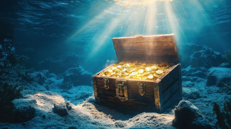 A captivating underwater scene featuring a treasure chest overflowing with gold coins, illuminated by beams of sunlight filtering through the ocean's surface, creating a magical atmosphere.の素材