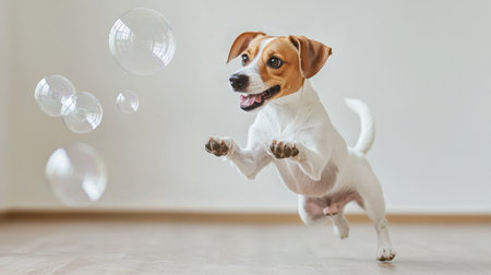 A cheerful dog leaps joyfully while chasing delightful bubbles in a bright room, embodying pure happiness and the playful spirit of beloved pets.の素材