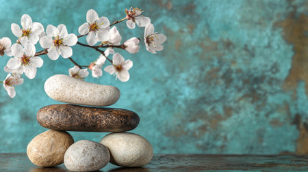 A serene still life featuring smooth pebbles balanced under a delicate cherry blossom branch against a textured blue background, evoking peace and tranquility.の素材