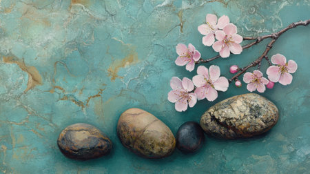 This captivating image showcases smooth stones and delicate cherry blossoms resting on an aqua background, creating a tranquil and harmonious atmosphere perfect for relaxation and meditation.の素材