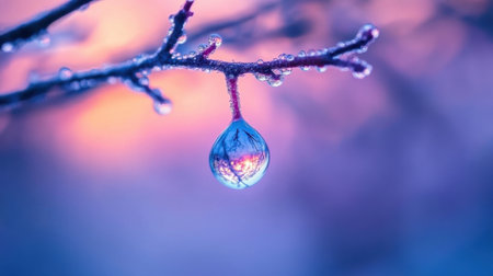 A stunning close-up image of a single water droplet hanging from a delicate branch, reflecting a vibrant sunset sky and creating a serene natural scene.の素材