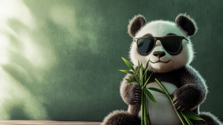 Delightful cartoon panda wearing sunglasses and holding bamboo adds a fun and playful touch to any design project, embodying a cheerful and relaxed atmosphere.の素材