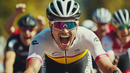 A thrilling moment captured of a cyclist celebrating triumph in a race, showcasing pure enthusiasm and the vibrant energy of the sport surrounded by cheering teammates and competitors.の素材