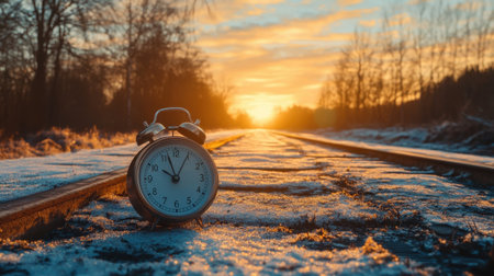 A stunning scene featuring a vintage alarm clock resting on frosted train tracks at sunrise, creating a perfect blend of nature, time, and tranquility in a picturesque landscape.の素材