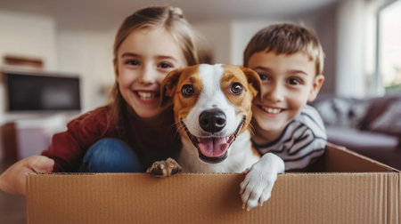 Two cheerful children and their friendly dog sit together in a cardboard box, radiating joy and warmth in a cozy indoor setting for a delightful family moment.の素材