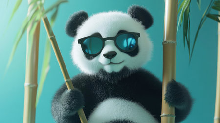 Delightful cartoon panda showcases a cheerful personality in sunglasses, surrounded by bamboo. Perfect for childrenの素材