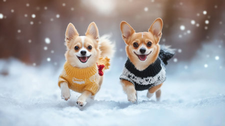 Two joyful dogs wearing colorful sweaters run through a snowy landscape, surrounded by soft snowflakes, embodying the spirit of winter fun and companionship.の素材