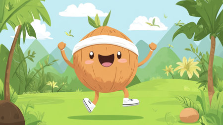 A joyful cartoon onion character with a headband running in a vibrant tropical landscape, featuring palm trees and mountains, ideal for playful projects and health-related themes.の素材