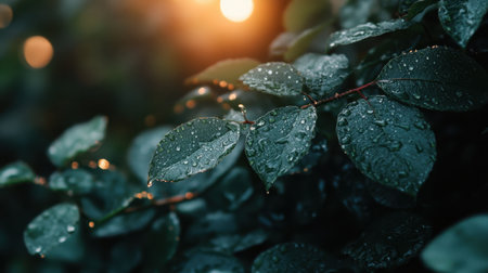 A stunning close-up of fresh green leaves adorned with glistening water droplets, illuminated by soft sunlight, showcasing the delicate beauty of nature in a tranquil moment.の素材