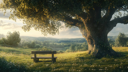 A serene landscape featuring a majestic tree next to a peaceful bench, ideal for moments of reflection. The lush greenery and gentle light create a calming atmosphere.の素材