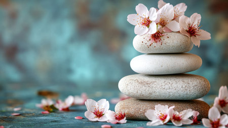 A serene arrangement of smooth stones topped with cherry blossoms, creating a calming scene perfect for wellness and tranquility themes in nature-inspired design.の素材