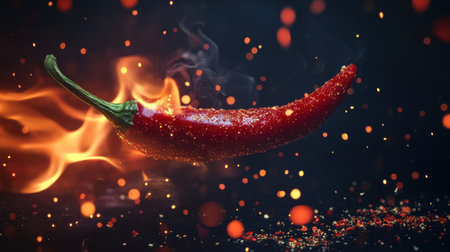A stunning image of a red chili pepper surrounded by dynamic flames and spices, symbolizing culinary heat and intensity, perfect for culinary or spice-related projects.の素材