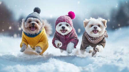 Three cheerful dogs in colorful sweaters joyfully run through a snowy landscape, with snowflakes gently falling around them, capturing a moment of pure happiness and playfulness.の素材