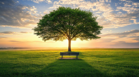 Captivating landscape image showcasing a solitary tree and bench at sunrise, surrounded by green grass and illuminated by soft golden light, offering a sense of peace and tranquility.の素材