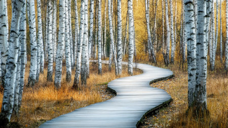 A winding pathway invites walkers through a stunning birch forest during autumn, where golden leaves and gentle light create a peaceful and charming atmosphere.の素材