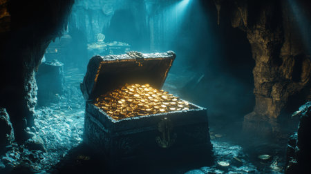 Discover a stunning image of a treasure chest overflowing with gold coins in a dark, mysterious cave, illuminated by captivating rays of light that enhance the enchanting atmosphere.の素材
