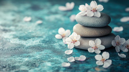 A serene arrangement featuring smooth stones stacked together, adorned with delicate cherry blossoms, set against a calming blue backdrop, perfect for relaxation and meditation.の素材