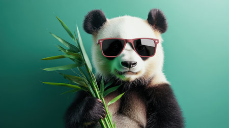 A playful panda wearing stylish sunglasses poses with fresh bamboo sticks against a clean green background, showcasing a fun and vibrant character full of personality and charm.の素材