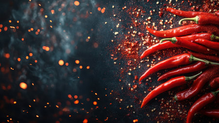 A stunning display of vibrant red chili peppers on a dark surface, surrounded by spices and hints of smoke, perfect for culinary inspiration and recipe backgrounds.の素材