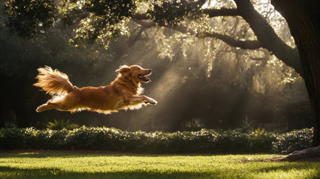 A vibrant golden retriever leaping joyfully in a sunlit park, showcasing the essence of playfulness and the beauty of nature in a captivating moment of freedom.の素材