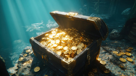A captivating treasure chest brimming with shimmering gold coins rests at the ocean floor, illuminated by sunlight beams piercing through crystal-clear water, evoking mystery and adventure.の素材