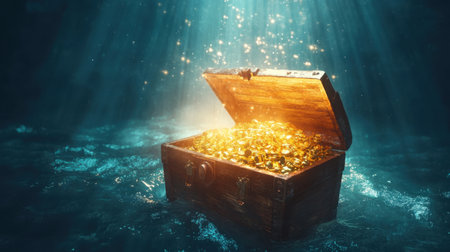 A mesmerizing scene of a treasure chest brimming with gold coins, illuminated by magical rays of light, creating an enchanting underwater atmosphere rich with mystery.の素材