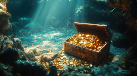 A captivating underwater scene featuring a treasure chest overflowing with gold coins, illuminated by sunlight rays filtering through the tranquil ocean water, evoking adventure and mystery.の素材