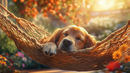 A tranquil scene featuring a golden retriever sleeping peacefully in a hammock surrounded by vibrant flowers, capturing the joy and serenity of a sunny summer afternoon.の素材