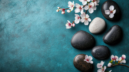 This image features smooth stones accompanied by delicate cherry blossom flowers, set against a calming blue background, perfect for relaxation and wellness themes.の素材